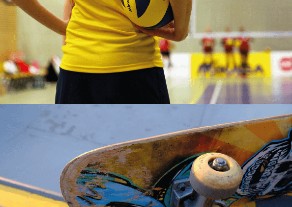 Initiation et démonstration de volleyball et skateboard
