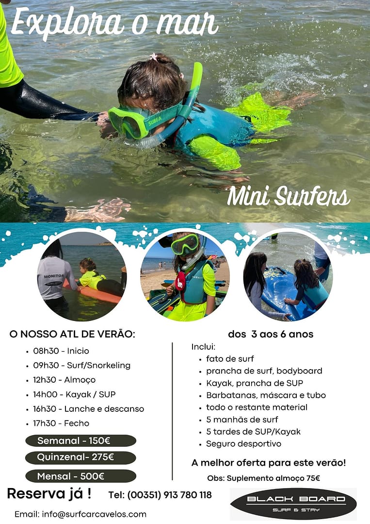 Black Board Surf & Stay – Explorar o mar: Mini surfers (3-6 yo) or Junior surfers (6-16 yo)